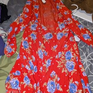 Zara Red Dress with Blue Floral Pattern